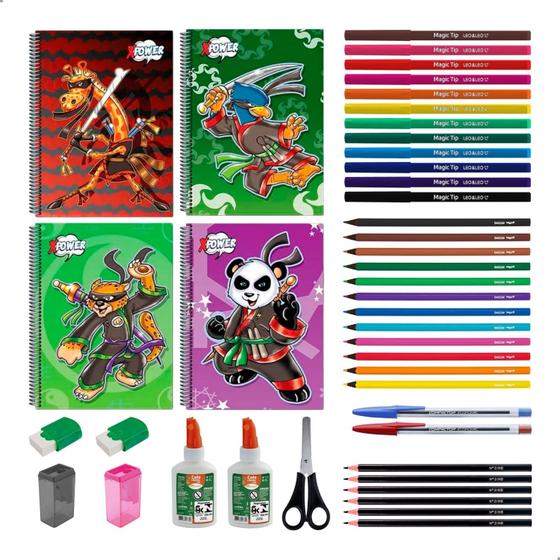 Imagem de Kit Material Escolar 40 Itens Caderno 10 Materias 200 Folhas Infantil Juvenil Ensino Medio Fundamental