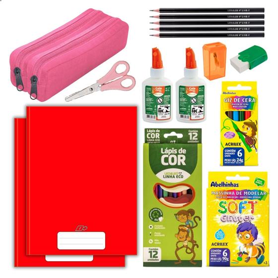 Imagem de Kit Material Escolar Caderno Brochura Estojo Duplo + Itens Feminino