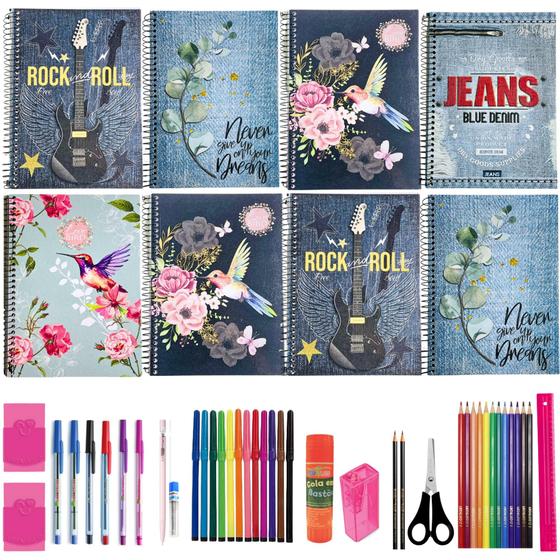Imagem de Kit Material Escolar completo 10 cadernos teens com 40 acessórios