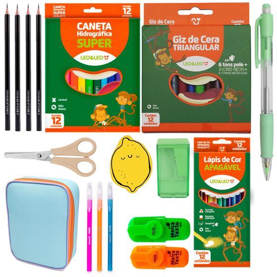 Imagem de Kit Material Escolar Completo Com Estojo Duplo + Canetinha _ Giz de Cera + Lapis de Cor - Leo e Leo