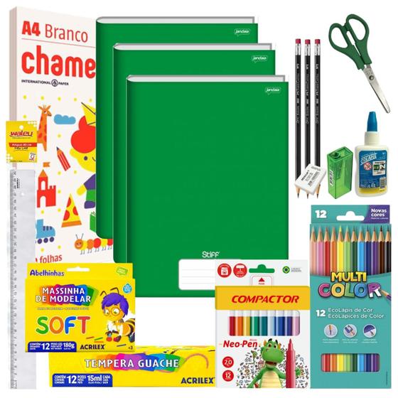 Imagem de Kit Material Escolar Econômico Volta As Aulas Infantil 60 itens Ensino Fundamental Infantil Faber Acrilex Chamequinho