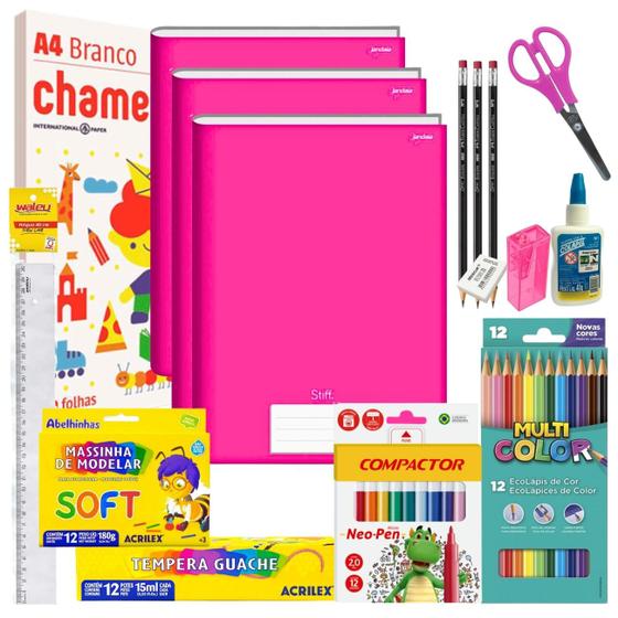 Imagem de Kit Material Escolar Econômico Volta As Aulas Infantil 60 itens Ensino Fundamental Infantil Faber Acrilex Chamequinho