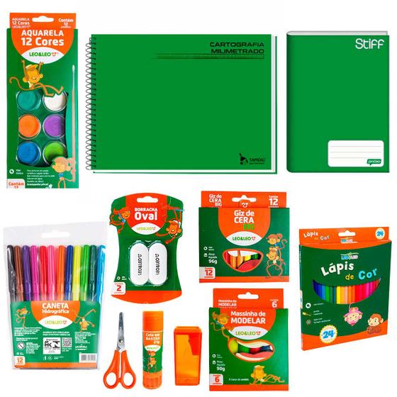 Imagem de Kit Material Escolar Educação Infantil Completo Caderno Lápis Borracha Tesoura Apontador Cola Massinha Giz Cera Aquarela