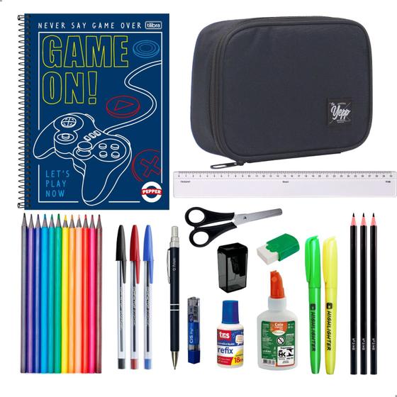 Imagem de Kit Material Escolar Estojo Box Caderno Tilibra 10 Matérias + Itens Masculino