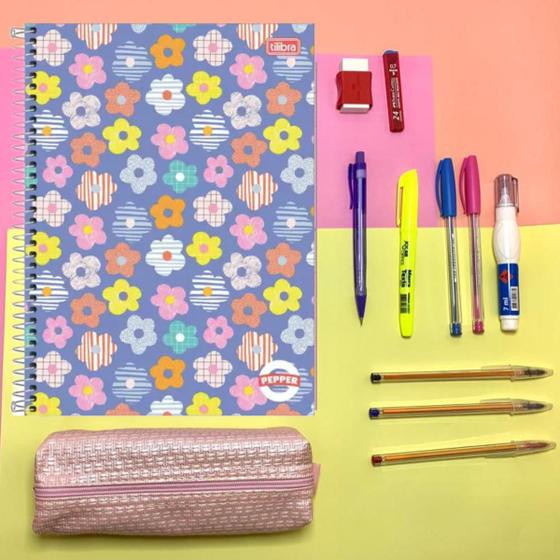 Imagem de Kit Material Escolar Feminino Essencial Completo com Caderno de 10 Materias com 160 Folhas, Lapiseira, Borracha, Canetas, Corretivo e Grafite