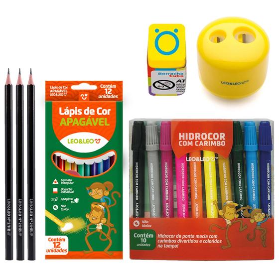 Imagem de Kit Material Escolar Lapis De Cor Canetinha com Carimbo Borracha Apontador Lapis Grafite - Leo e Leo