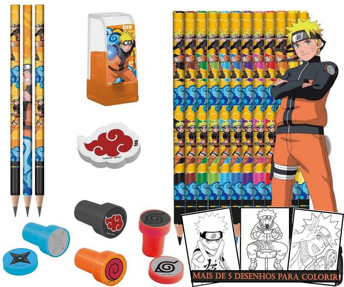 Imagem de Kit Material Escolar Livrinho Para Colorir Naruto Lápis de Gráfite HB Lápis De Cor Apontador Borracha E Carimbo Tris