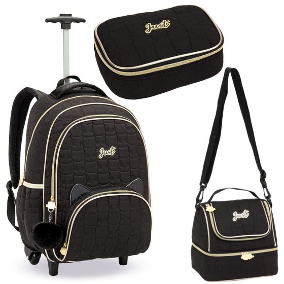 Imagem de Kit Material Escolar Mochila C/ Rodinhas + Lancheira Térmica + Estojo Porta Lápis Caneta Apontador Aulas Resistente Menina Feminina