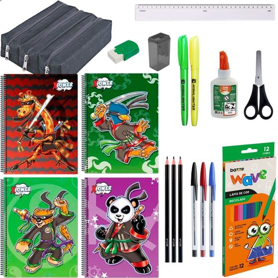 Imagem de Kit Material Escolar Mochila Yepp Caderno 10 Materias 200 Folhas Estojo Triplo + Itens X-Power