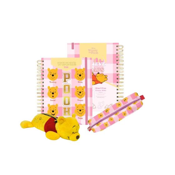 Imagem de Kit Material Escolar Ursinho Pooh 2 Estojos Pelúcia e Pequeno e Caderno Smart Universitário Rosa