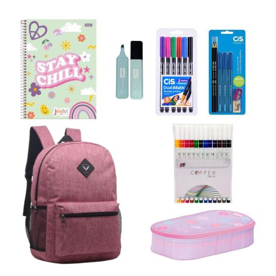 Imagem de Kit Material Escolar Volta as Aulas 29 Itens Aluno com Mochila Estojo Grande Caderno Estudo Caneta