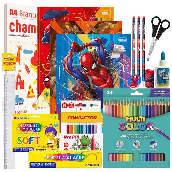Imagem de Kit Material Escolar Volta As Aulas Infantil 72 itens Spider Man Ensino Fundamental Infantil Faber Acrilex Chamequinho