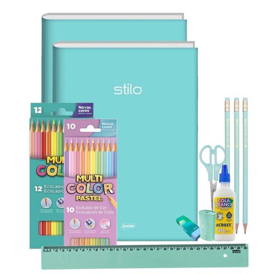 Imagem de Kit Material Escolar Volta as Aulas Infantil Menina Tons Pasteis 32pcs Caderno Brochura Lápis Preto e Cor Borracha Régua