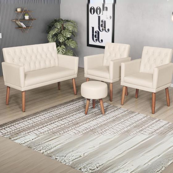 Imagem de Kit material sintético Sofá 1 Namoradeira 2 Poltronas com Puff Capitone para Sala de Estar clinica 4 lugares resistente para sala pequena