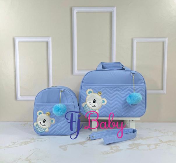 Imagem de Kit maternidade bolsa/mala 2 peças para bebê urso ao lado com mochila