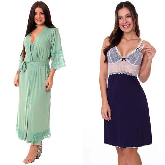 Imagem de KIT Maternidade Camisola Amamentar Longa com Robe + Camisola Gestante Estilo Sedutor - V219