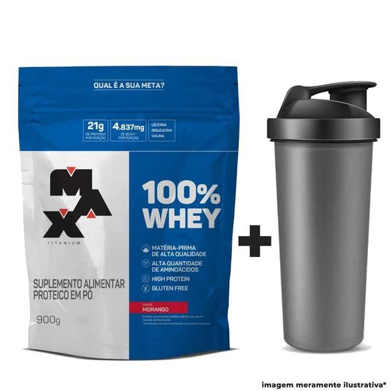 Kit Max Titanium Whey 100% Refil Morango 900g + Coqueteleira 600ml Menor preço em Kit Max Titanium Whey 100% Refil Morango 900g + Coqueteleira 600ml