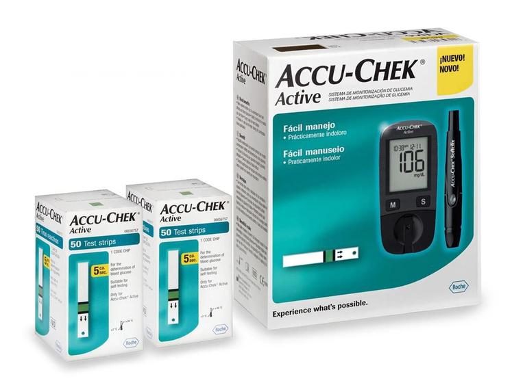 Kit Medidor De Glicose Accu-Chek Active Roche + 100 Tiras Menor preço em Kit Medidor De Glicose Accu-Chek Active Roche + 100 Tiras