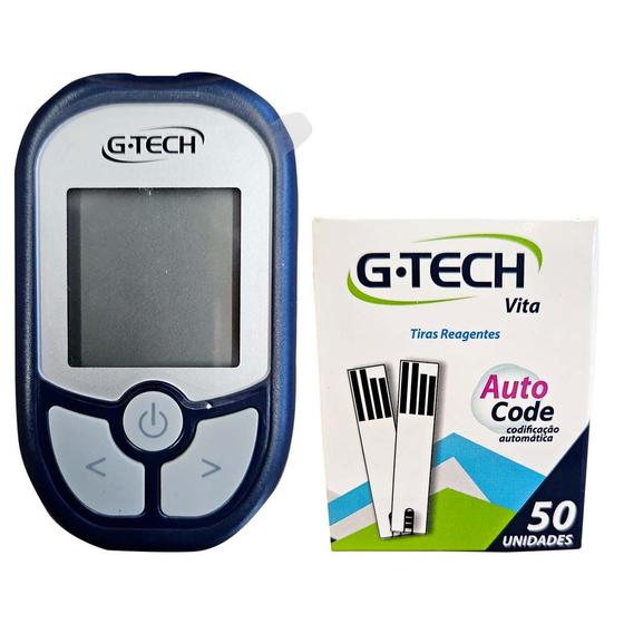 Imagem de Kit Medidor de Glicose Sangue Sistema Auto Code e Tiras Reagentes 50 Unidades G-Tech Vita