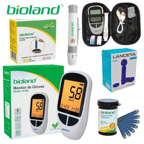 Imagem de Kit Medidor Glicemia 50 Fitas Glicose Bioland + 100 Lancetas