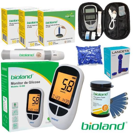 Imagem de Kit Medidor Glicose Bioland Glicemia 150 Tiras + 150 Lancetas