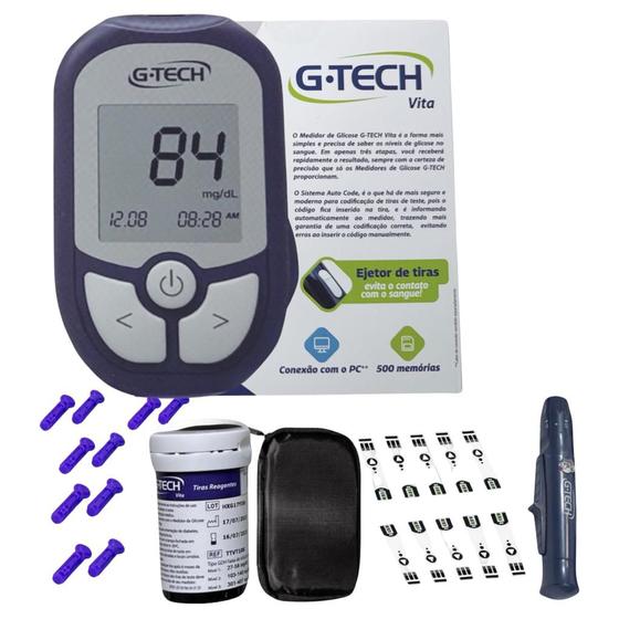 Imagem de Kit Medidor Glicose G-tech Vita Lanceta Tira Caneta Diabetes