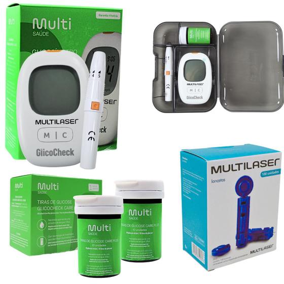 Imagem de Kit Medidor Glicose Multilaser Aparelho Monitor Glicemia 50 Tiras Fitas 100 Lancetas Diabetes