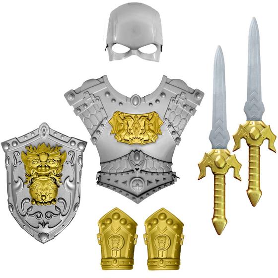Imagem de Kit Medieval Guerreiro Fantasia Infantil com Armadura Máscara e Escudo