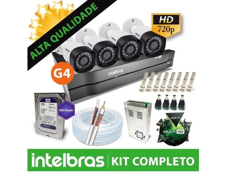 Imagem de Kit Mega Cftv Intelbras 4 Canais Com 4 Câmeras Bullet De Metal 1.0mp 720p