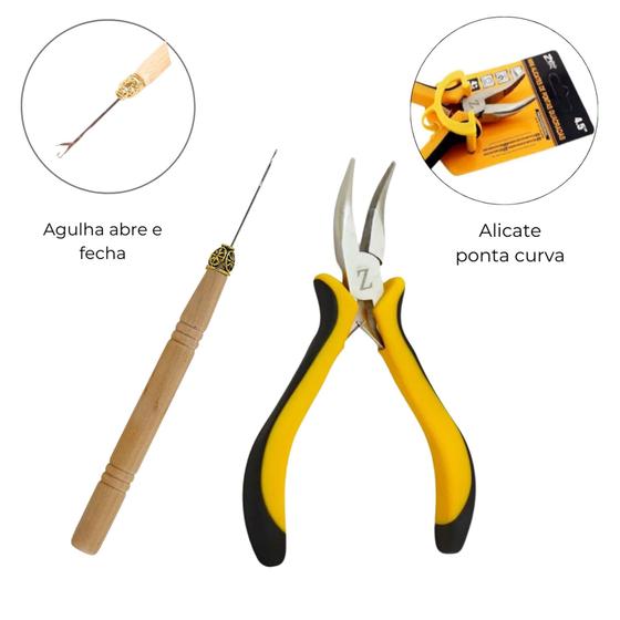 Imagem de Kit Mega Hair Agulha Trava Fecho e Alicate Inox Ponta Curvada