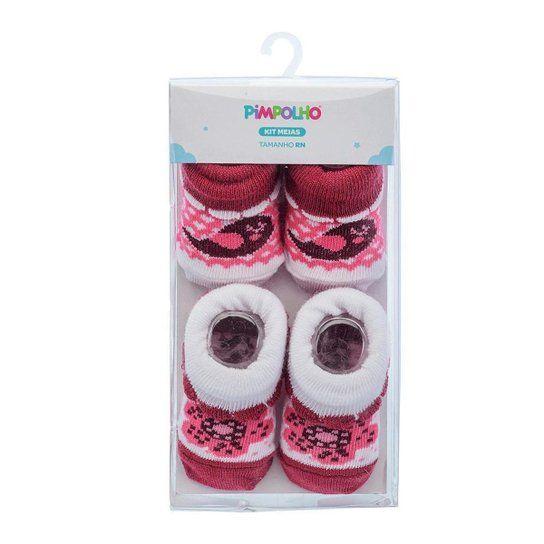 Imagem de Kit meia c/2 pares rn feminino pimpolho bordo passaro/branco flor