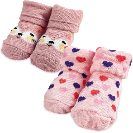 Imagem de Kit Meia Infantil Pantufa 0 a 6m 2 Pares Menina Rosa Coração Gatinho Cano Alto Adoleta