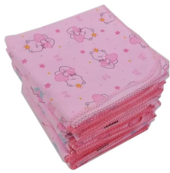 Imagem de Kit menina 10 cueiro flanelado estampado 80x80cm com crochê