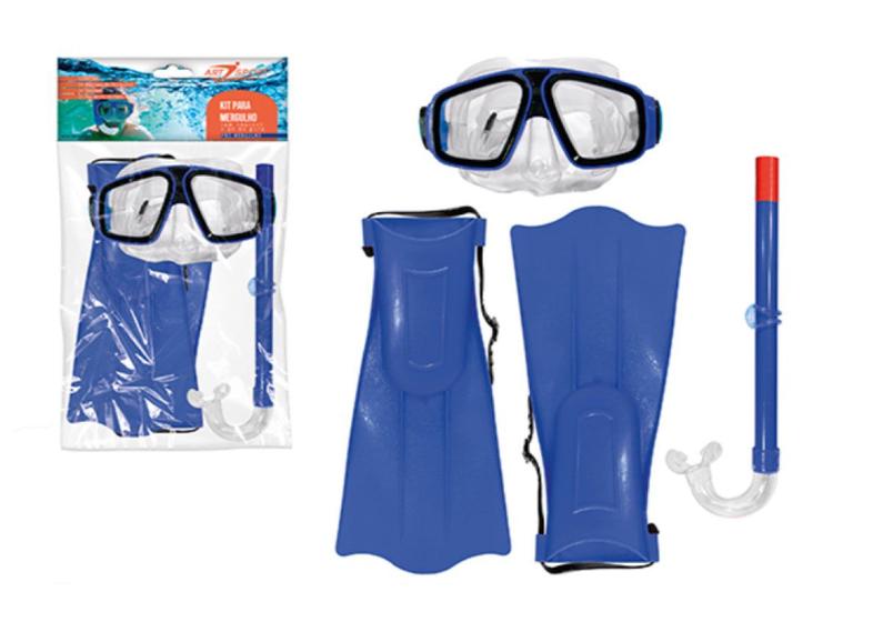 Imagem de Kit Mergulho Piscina Infantil Óculos Snorkel Pé De Pato Azul