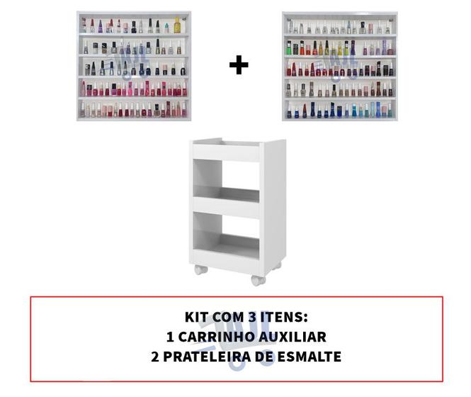 Imagem de kit Mesa Auxiliar Carrinho Manicure + 2 Prateleiras Expositores De Esmalte - AJB