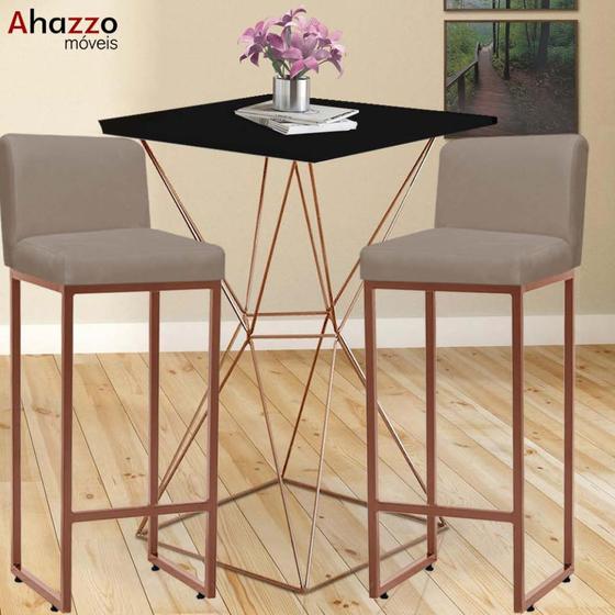 Imagem de Kit Mesa Bistrô e 1 Banqueta Lucca Alta Com Encosto Bar Gourmet Tampo Preto Ferro Bronze Suede Bege - Ahazzo Móveis