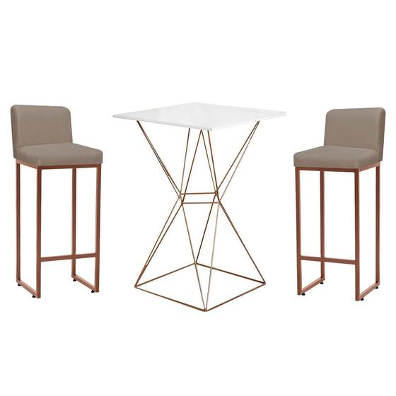 Imagem de Kit Mesa Bistrô e 2 Banqueta Lucca Alta Com Encosto Bar Gourmet Tampo Branco Ferro Bronze Suede Bege - Ahazzo Móveis