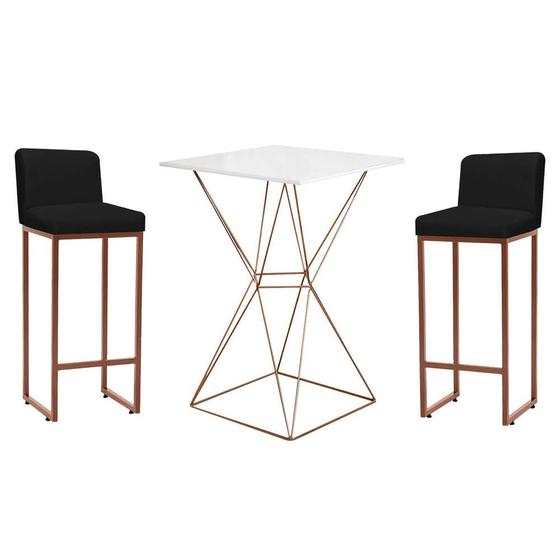 Imagem de Kit Mesa Bistrô e 2 Banqueta Lucca Alta Com Encosto Bar Gourmet Tampo Branco Ferro Bronze Suede Preto - Ahazzo Móveis