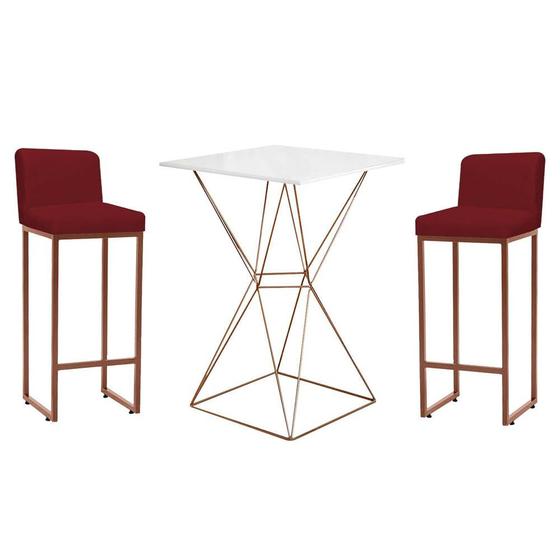 Imagem de Kit Mesa Bistrô e 2 Banqueta Lucca Alta Com Encosto Bar Gourmet Tampo Branco Ferro Bronze Suede Vermelho - Ahazzo Móveis