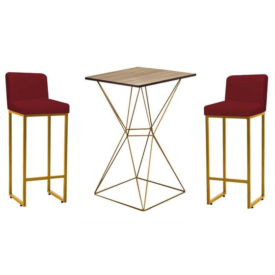 Imagem de Kit Mesa Bistrô e 2 Banqueta Lucca Alta Com Encosto Bar Gourmet Tampo Madeira Ferro Dourado Suede Vermelho - Ahazzo Móveis