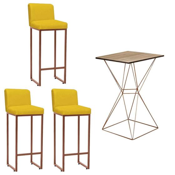 Imagem de Kit Mesa Bistrô e 3 Banqueta Lucca Alta Com Encosto Bar Gourmet Tampo Caramelo Ferro Bronze Suede Amarelo - Ahazzo Móveis