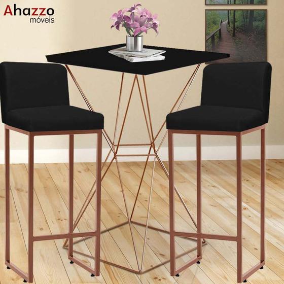 Imagem de Kit Mesa Bistrô e 4 Banqueta Lucca Alta Com Encosto Bar Gourmet Tampo Preto Ferro Bronze material sintético Preto - Ahazzo Móveis