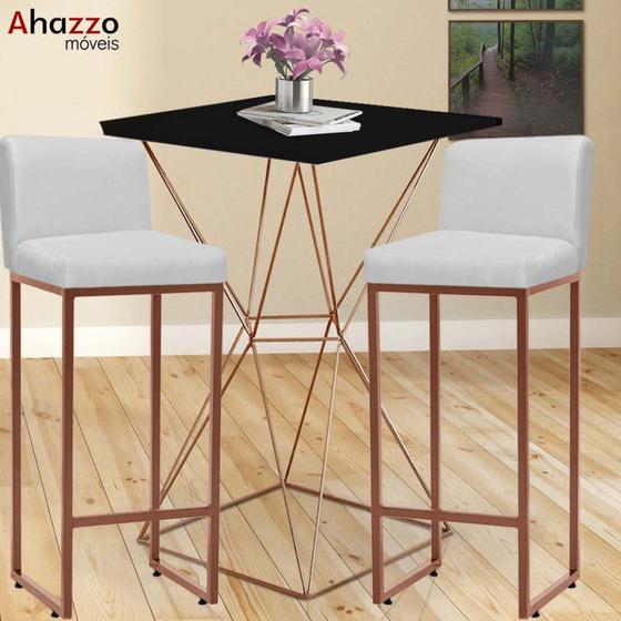 Imagem de Kit Mesa Bistrô e 4 Banqueta Lucca Alta Com Encosto Bar Gourmet Tampo Preto Ferro Bronze Suede Branco - Ahazzo Móveis