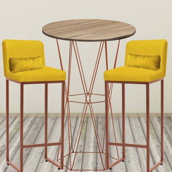 Imagem de Kit Mesa Bistrô Flork e 2 Banqueta Lucca Alta Com Encosto Tampo Castanho Ferro Bronze material sintético Amarelo e Almofada Amarelo - Ahazzo Móveis