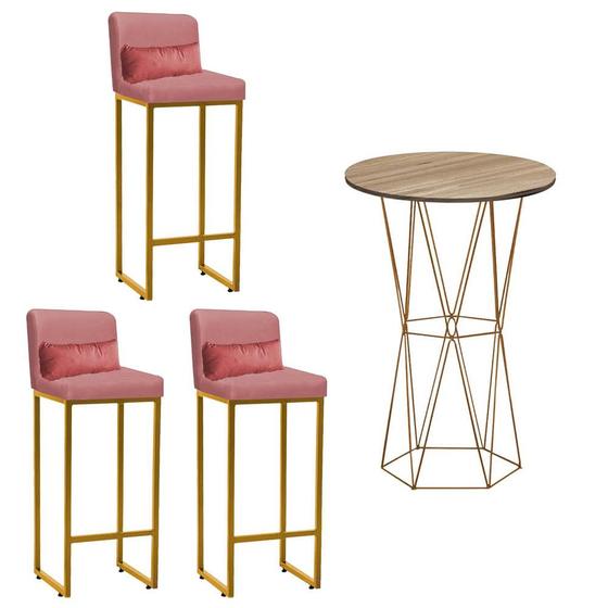 Imagem de Kit Mesa Bistrô Flork e 3 Banqueta Lucca Alta Com Encosto Tampo Castanho Ferro Dourado Suede Rose Gold e Almofada Rose Gold - Ahazzo Móveis