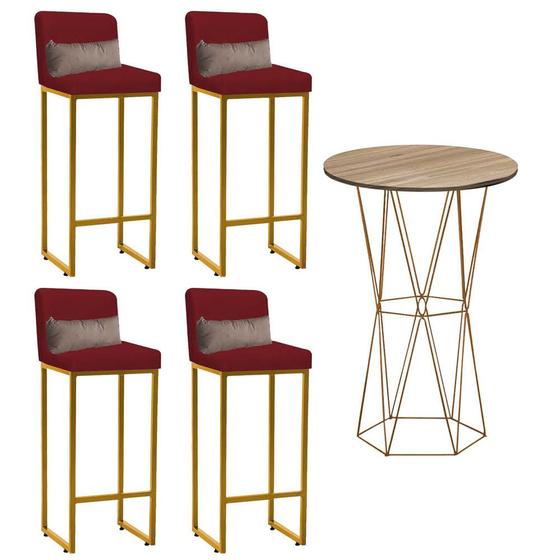 Imagem de Kit Mesa Bistrô Flork e 4 Banqueta Lucca Alta Com Encosto Tampo Castanho Ferro Dourado material sintético Vermelho e Almofada Bege - Ahazzo Móveis