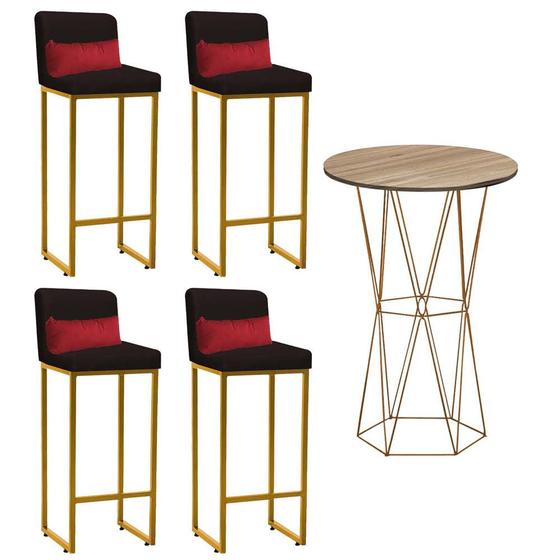 Imagem de Kit Mesa Bistrô Flork e 4 Banqueta Lucca Tampo Caramelo Ferro Dourado Suede Marrom e Almofada Vermelho - Ahazzo Móveis