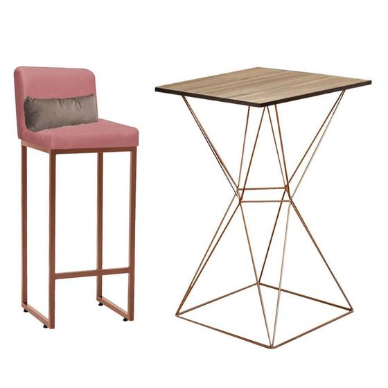 Imagem de Kit Mesa Bistrô Lucca e 1 Banqueta Lucca Alta Com Encosto Tampo Imbuia Ferro Bronze Suede Rose e Almofada Bege - Ahazzo Móveis