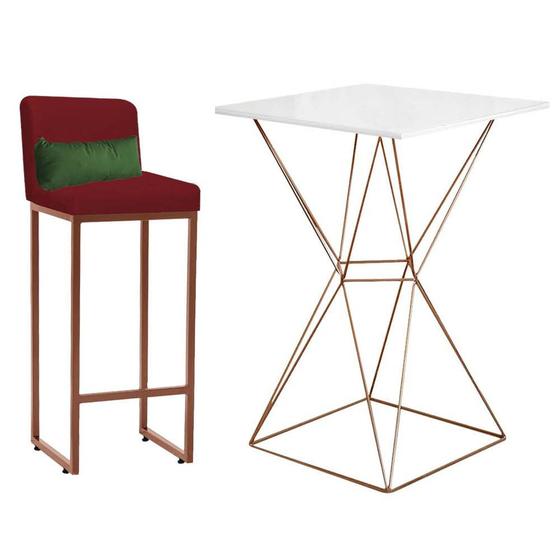 Imagem de Kit Mesa Bistrô Lucca e 1 Banqueta Lucca Tampo Branco Ferro Bronze Suede Vermelho e Almofada Verde - Ahazzo Móveis