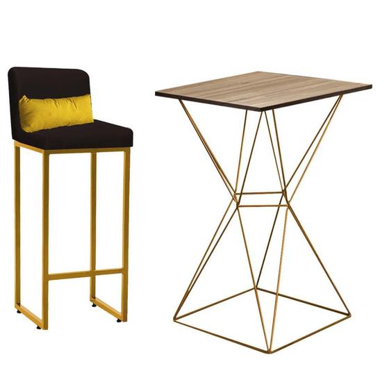 Imagem de Kit Mesa Bistrô Lucca e 1 Banqueta Lucca Tampo Castanho Ferro Dourado Suede Marrom e Almofada Amarelo - Ahazzo Móveis